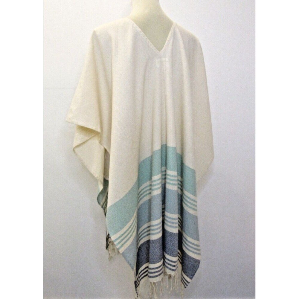 Womens OS Cream Blue Stripes Fringe Poncho Beach Caftan Coverup Boho Tribe Alive - Picture 6 of 11